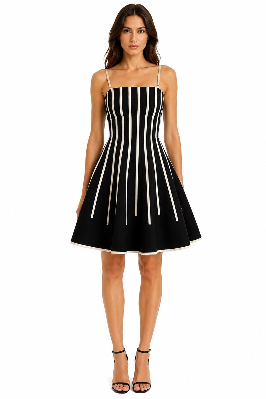 Christina Jacobs Black White Stripe Boned Fit Flare Dress Convertable Straps 6